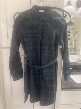 Blu Pepper Green and Navy Plaid Shirt Dress with Pink Accents